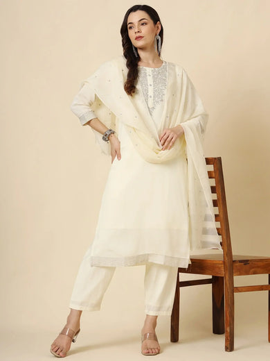 Gorgeous Cream Embroidery Work Muslin Silk Function Wear Pant Suit