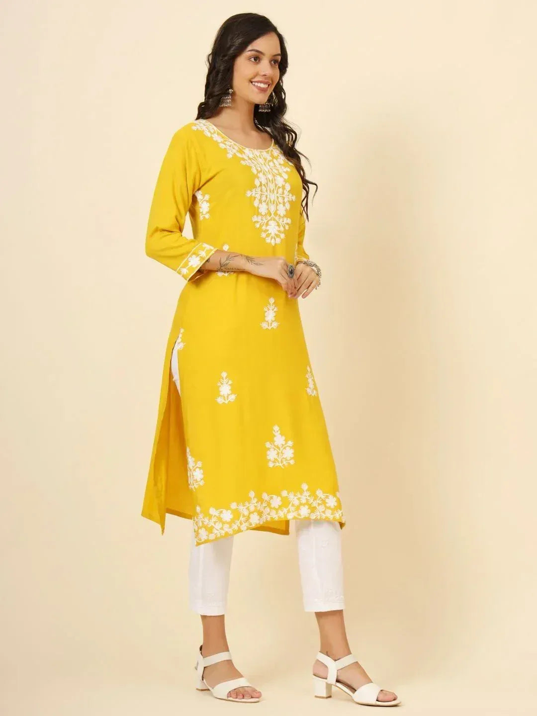 Yellow embroidered kurta with white pants, ethnic wear for women