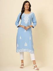 Lovely Sky Blue Color Thread Embroidery Rayon Casual Wear Kurti