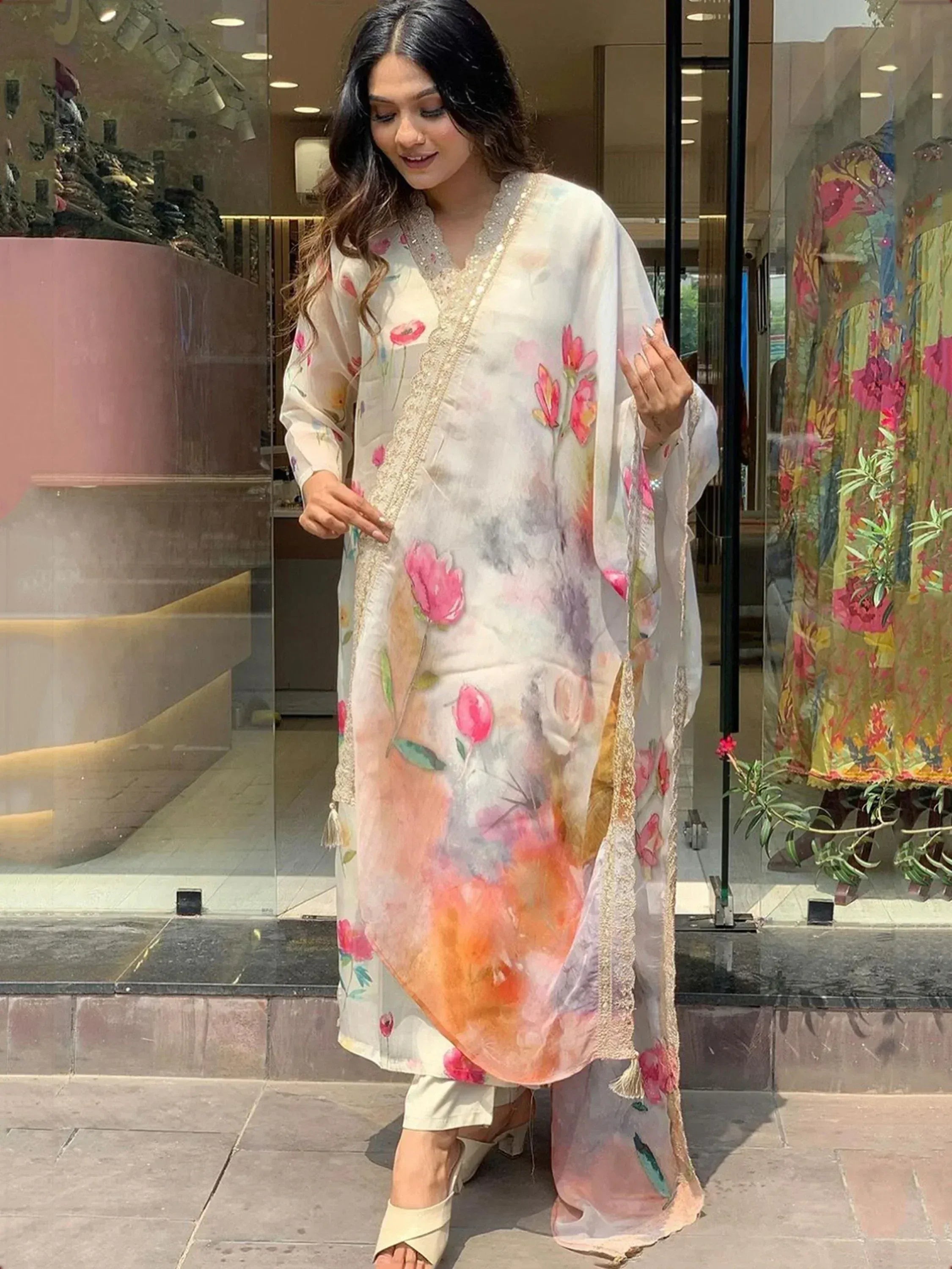 Floral printed ethnic kurta with dupatta, perfect for Indian wear occasions