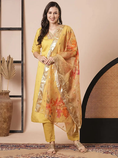 Amazing Yellow Embroidered Chanderi Haldi Wear Pant Suit With Dupatta