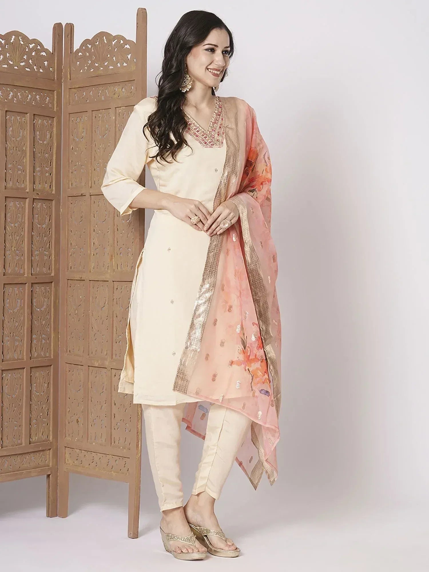 Cream embroidered kurti with matching pants and floral dupatta, Indian ethnic wear