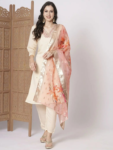Wonderful Peach Embroidered Chanderi Straight Suit Pant With Dupatta