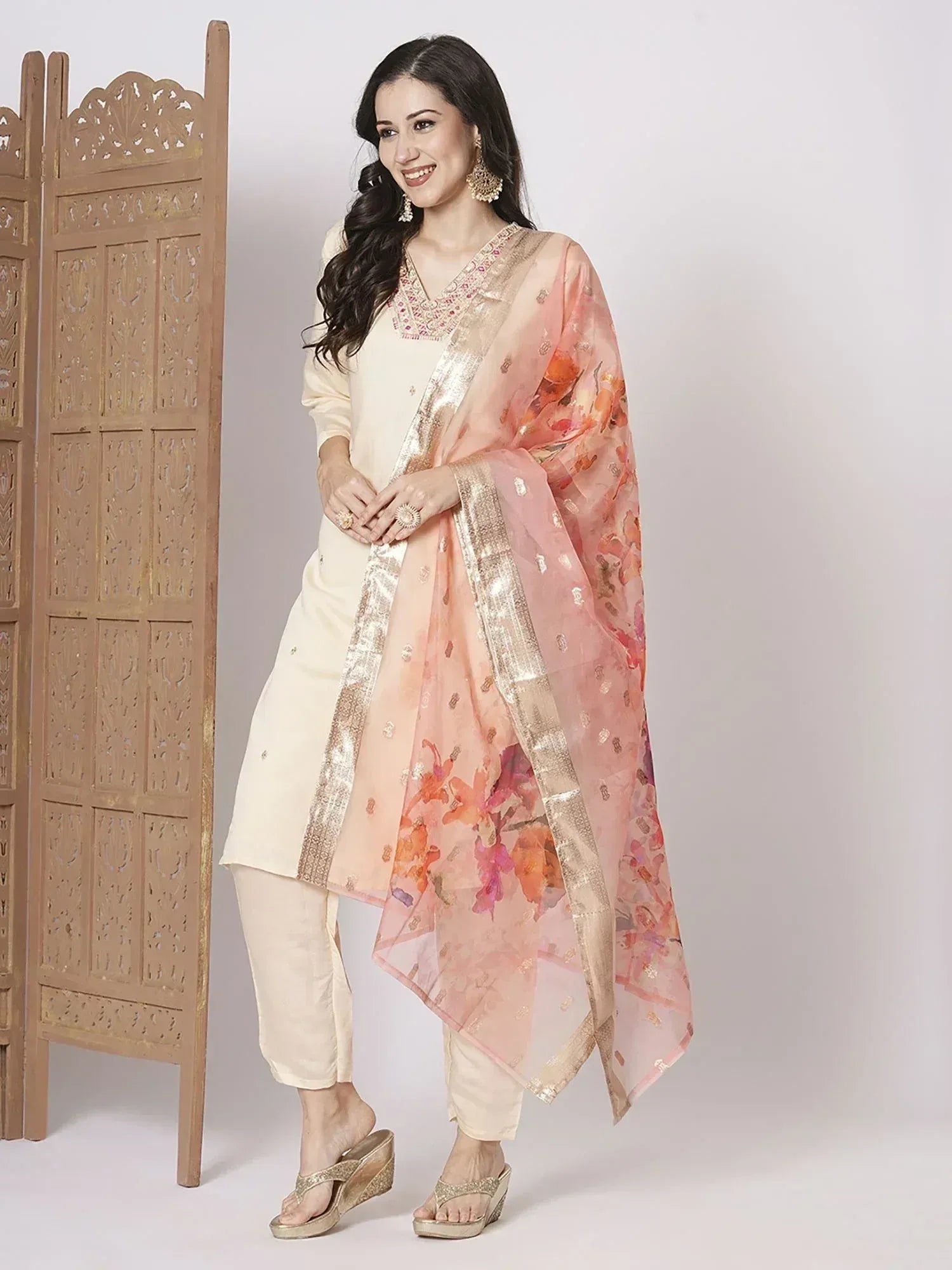Cream salwar kameez with floral dupatta, ethnic Indian wear for women