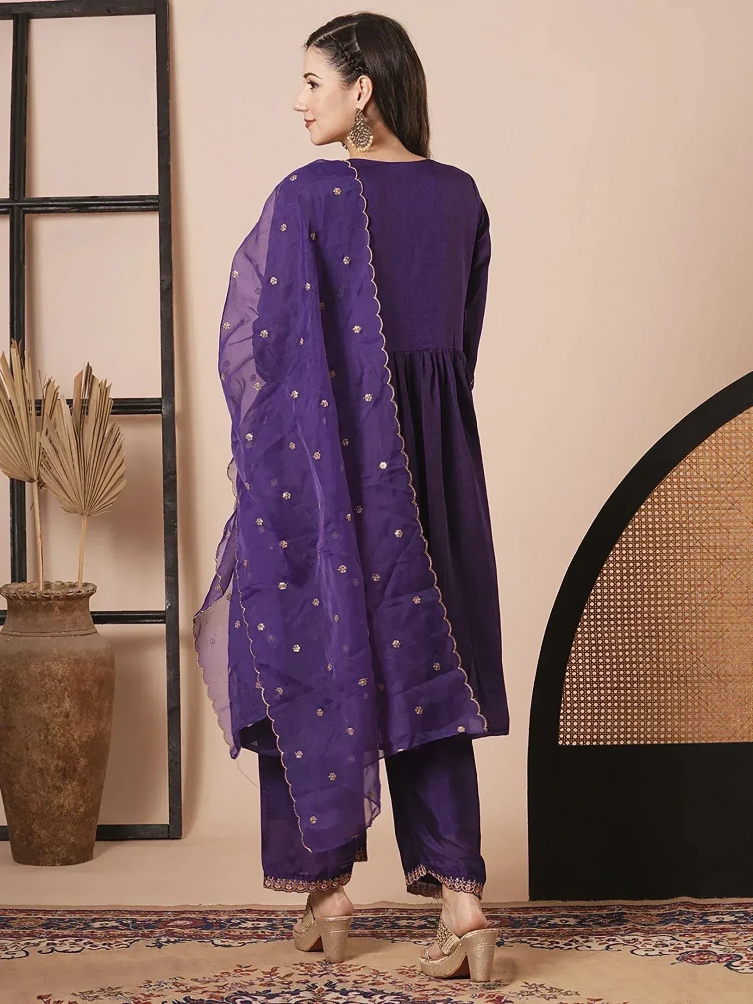 Purple embroidered salwar kameez with scalloped dupatta, ethnic Indian wear for women