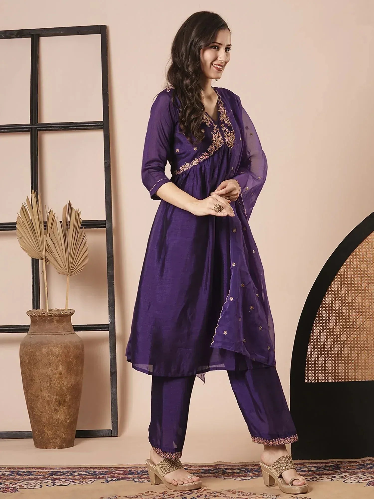 Purple embroidered kurta with palazzo pants, ethnic Indian wear for women
