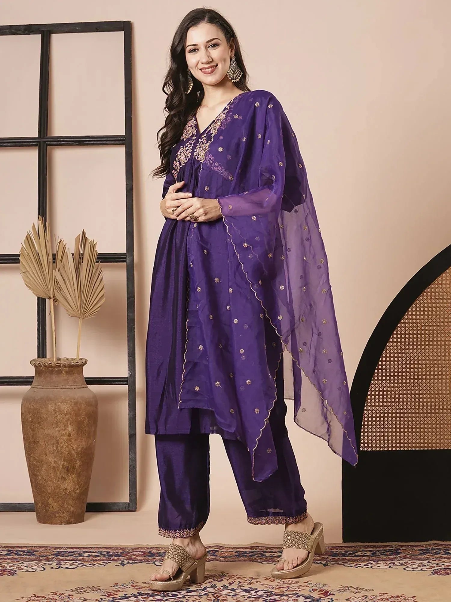 Purple embroidered salwar kameez with sheer dupatta, ethnic Indian wear for women