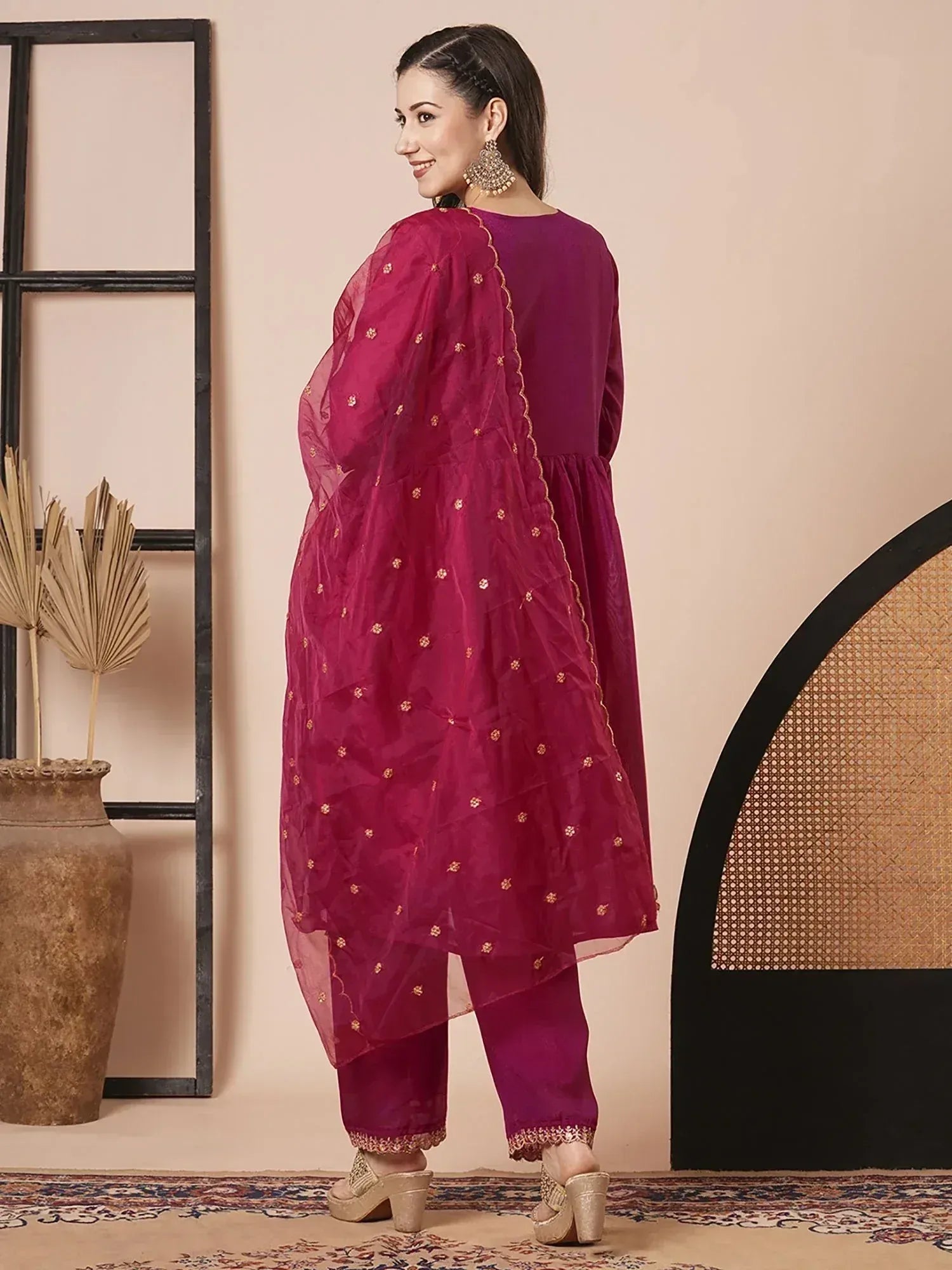 Purple ethnic salwar kameez with embroidered dupatta, perfect for Indian festive occasions