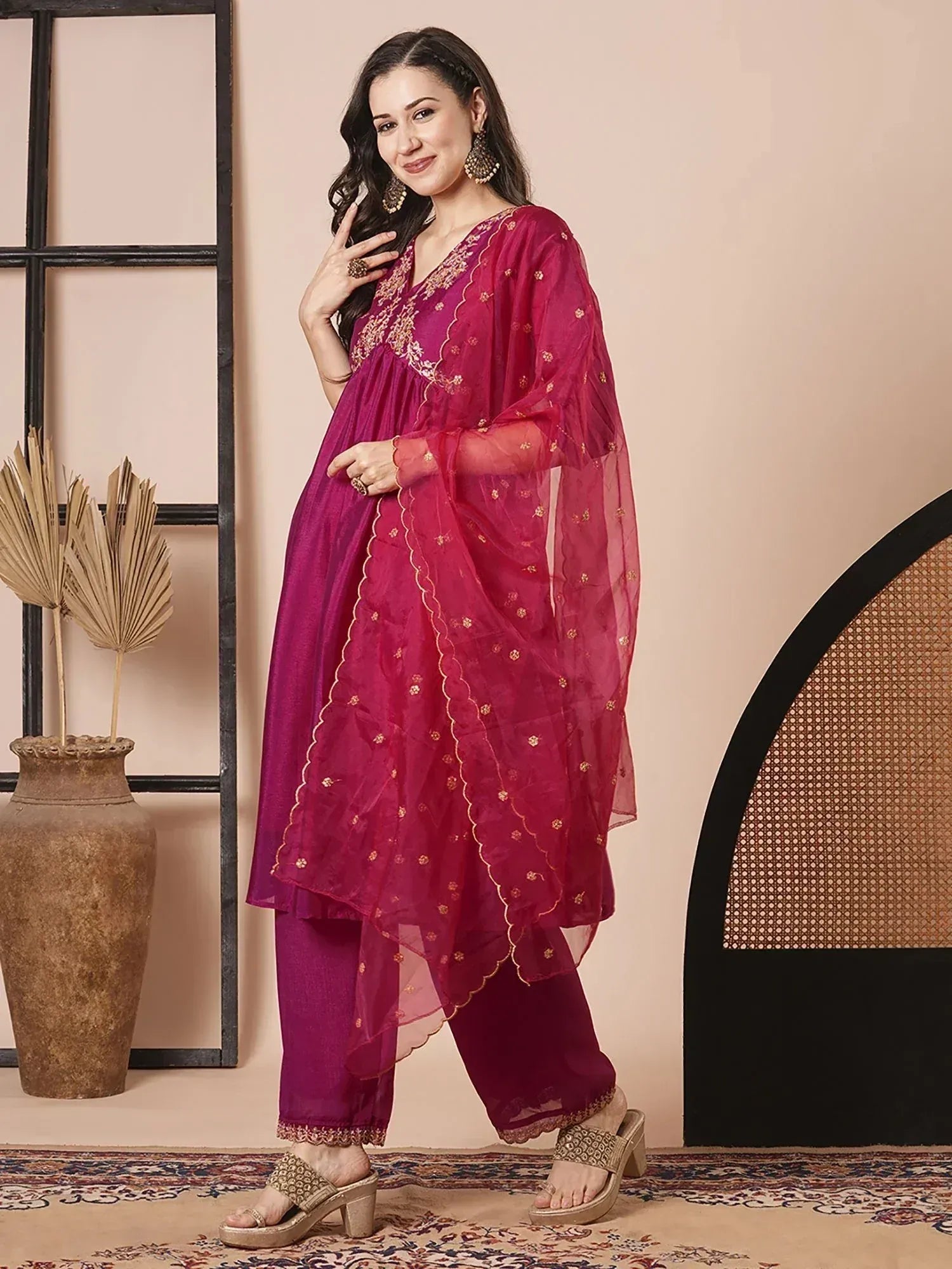 Purple embroidered salwar kameez with sheer dupatta, Indian ethnic wear for women