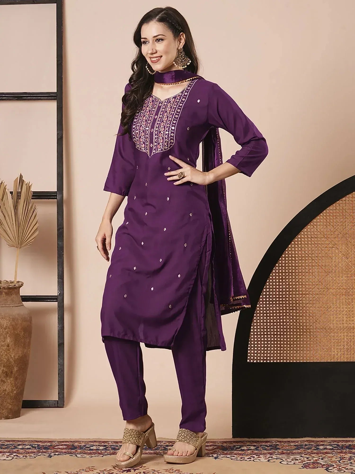 Purple embroidered salwar kameez with matching dupatta, Indian ethnic wear for women
