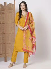Outstanding Mustard Yellow Embroidered Viscose Haldi Wear Pant Suit