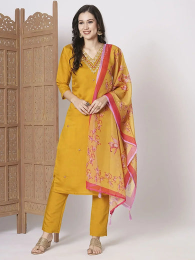 Outstanding Mustard Yellow Embroidered Viscose Haldi Wear Pant Suit