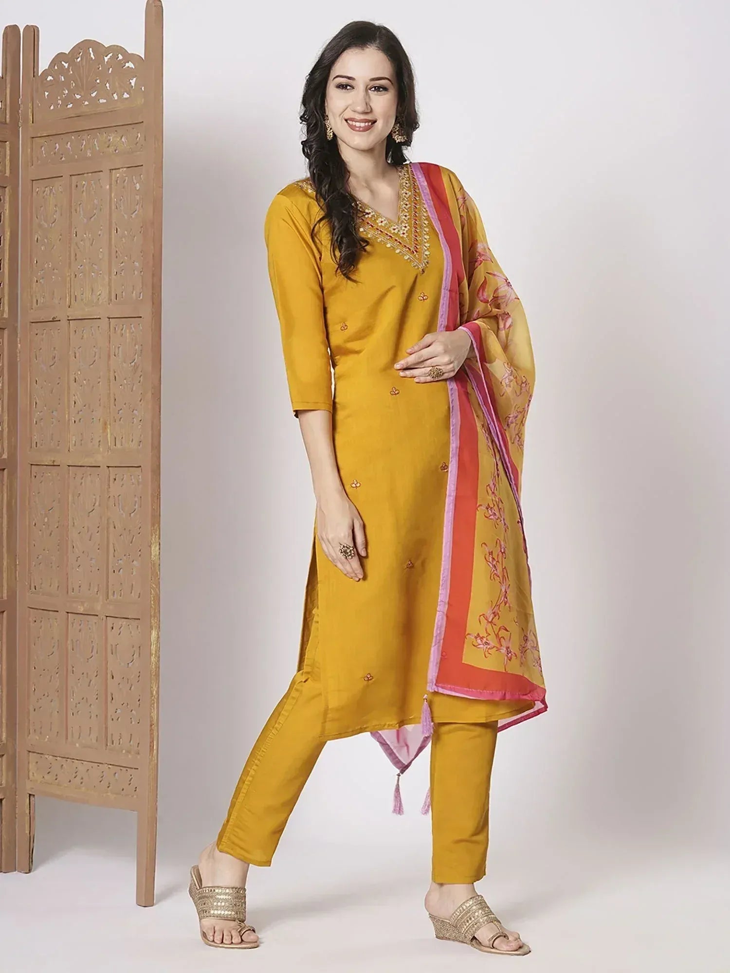 Mustard yellow salwar kameez with floral dupatta, ethnic Indian wear for women