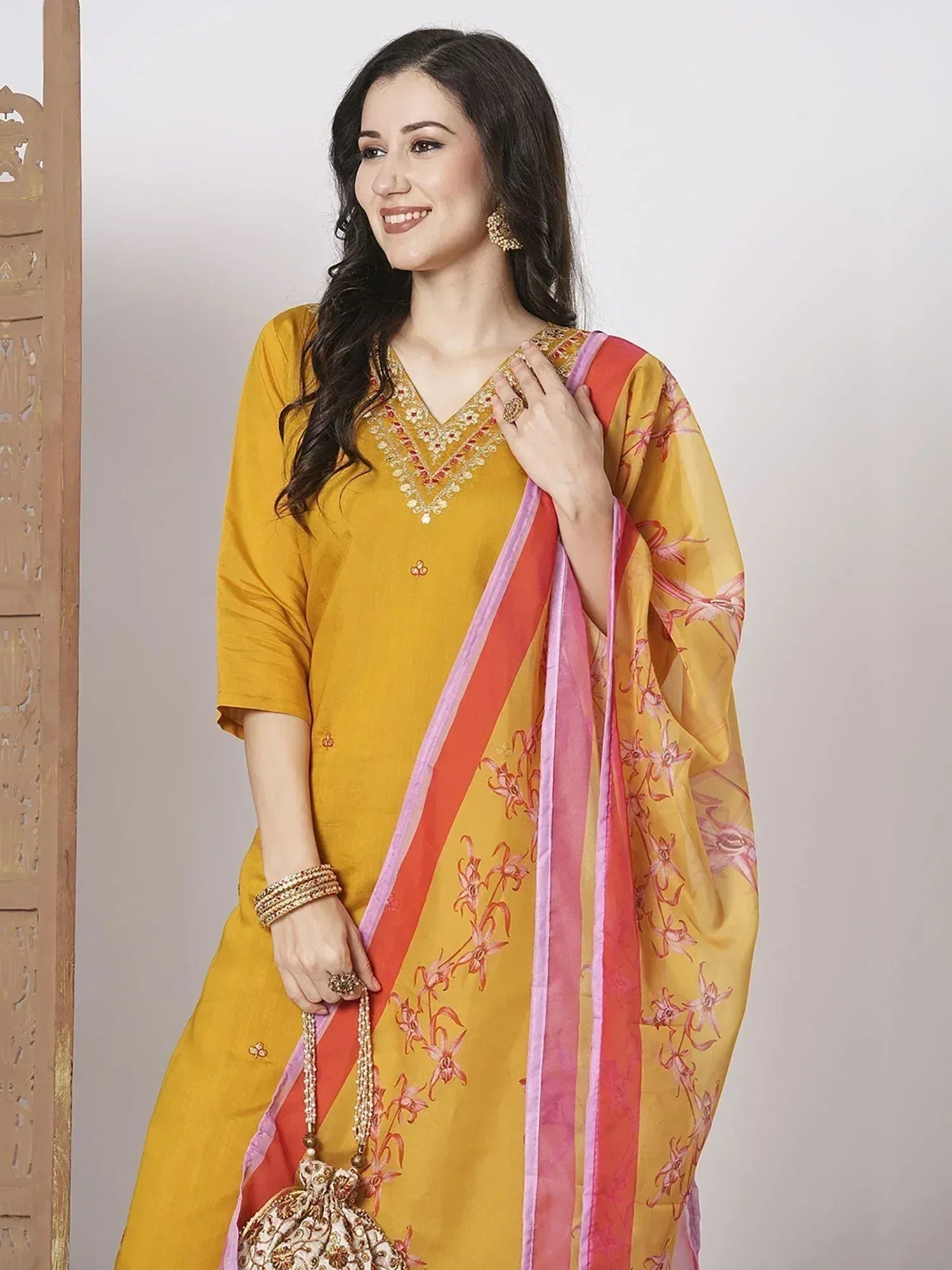 Yellow embroidered salwar kameez with floral dupatta, Indian ethnic wear for women