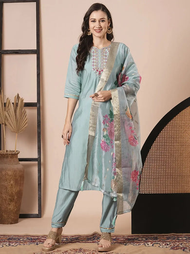 Marvelous Sky Blue Thread Embroidered Viscose Event Wear Pant Suit