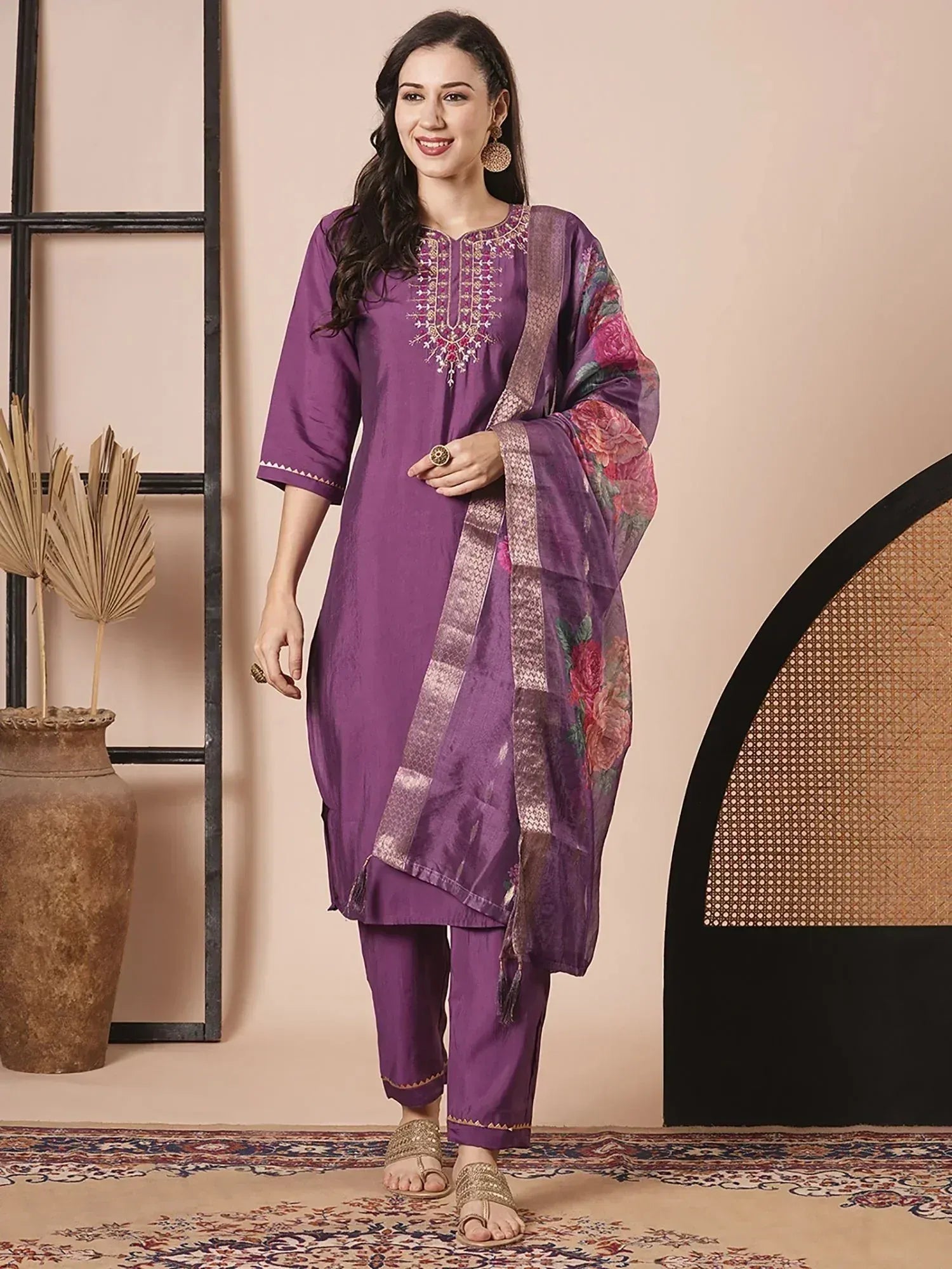 Purple embroidered salwar kameez with floral dupatta, Indian ethnic wear for women
