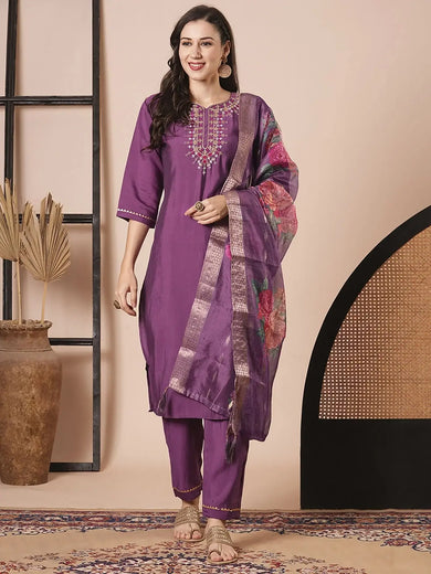 Excellent Purple Thread Embroidered Viscose Pant Suit With Dupatta