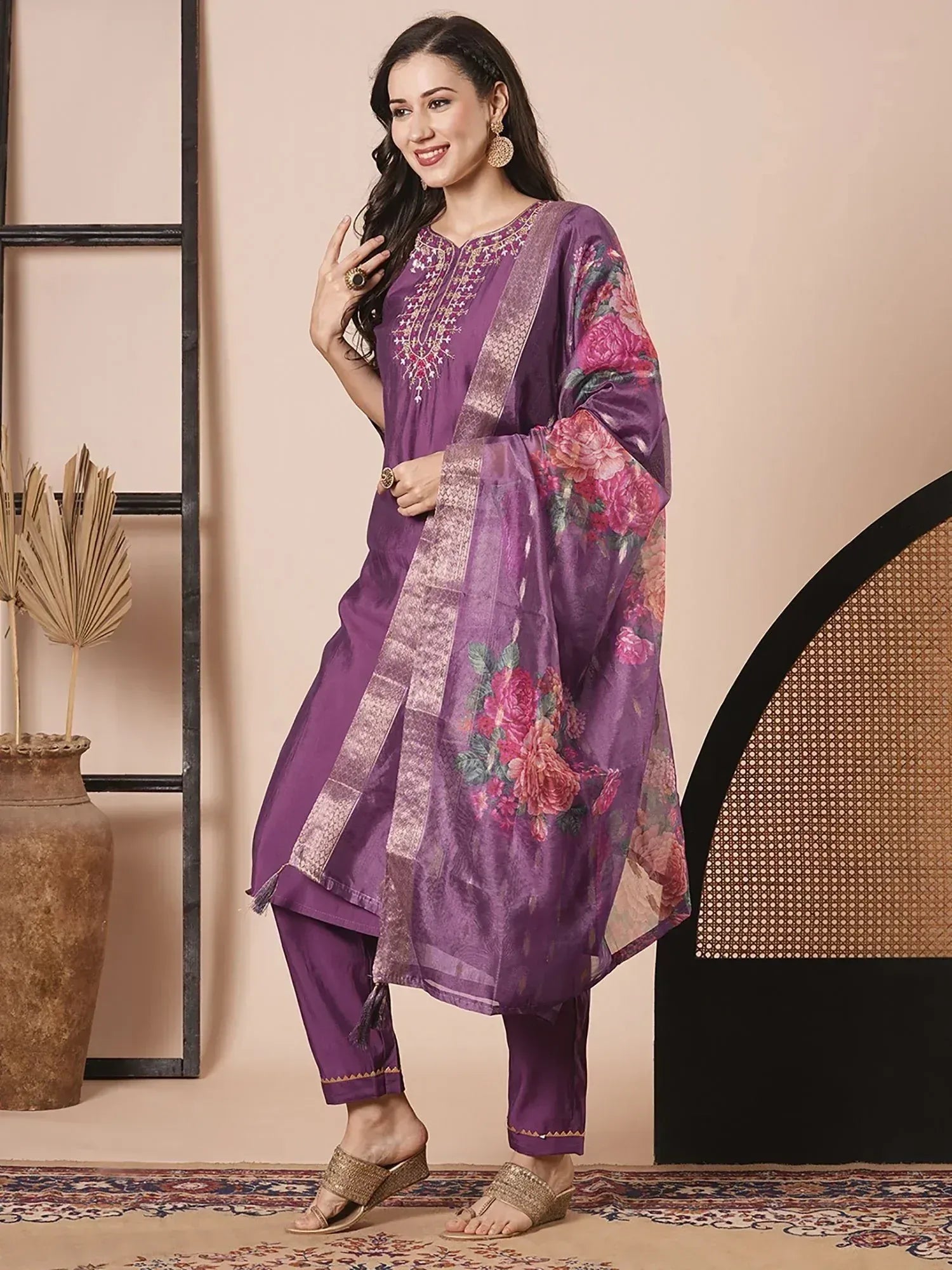Purple floral printed salwar kameez with embroidered kurta and dupatta, ethnic Indian wear
