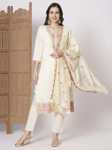 Gorgeous Cream Embroidered Viscose Festival Wear Pant Suit