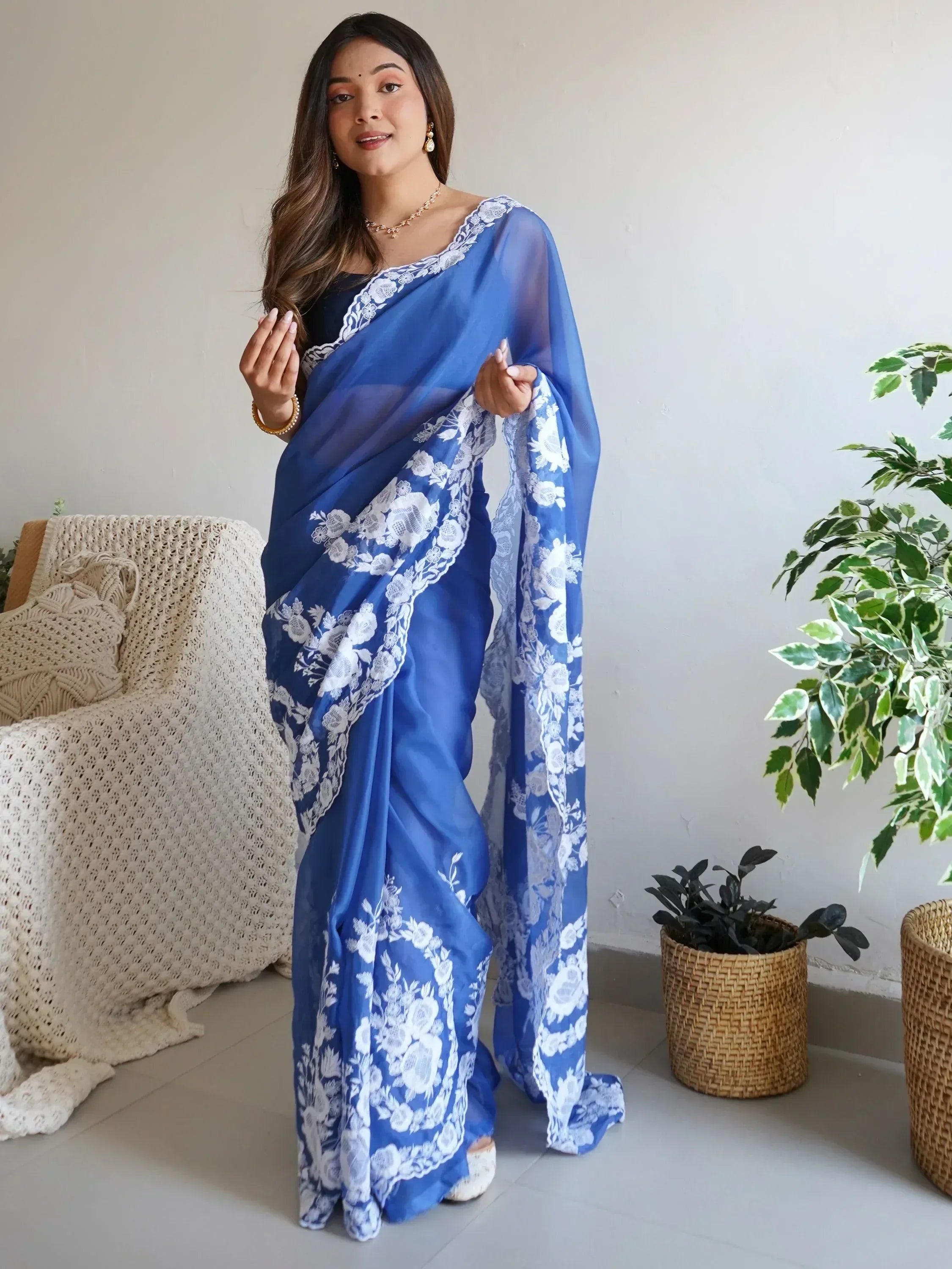 Blue saree with white floral lace border, Indian ethnic wear for women