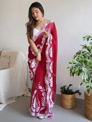 Beautiful Red Thread Embroidered Organza Event Wear Saree With Blouse
