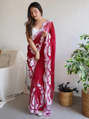 Beautiful Red Thread Embroidered Organza Event Wear Saree With Blouse