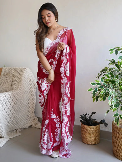 Beautiful Red Thread Embroidered Organza Event Wear Saree With Blouse