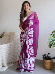 Gorgeous Purple Thread Embroidered Organza Festival Wear Saree
