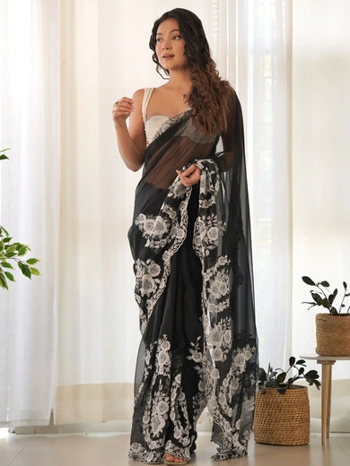Enchanting Black Organza Lucknowi Party Wear Saree With Blouse