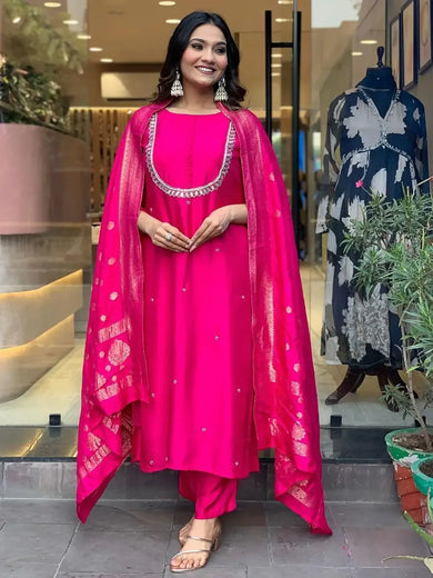 Charming Pink Embroidered Viscose Event Wear Pant Suit With Dupatta