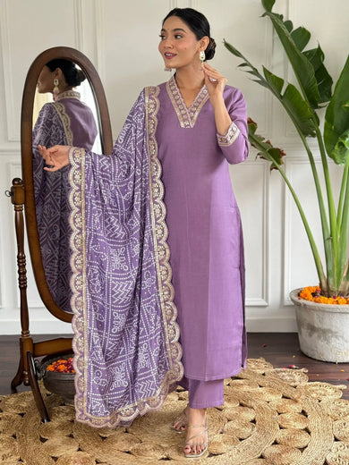 Beautiful Purple Viscose Event Wear Pant Suit With Bandhani Dupatta