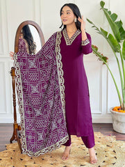 Gorgeous Wine Viscose Casual Wear Pant Suit With Printed Dupatta