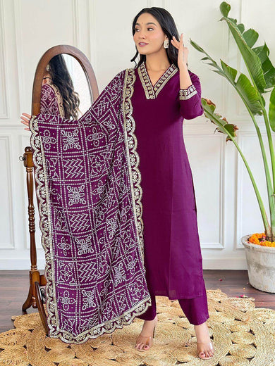 Gorgeous Wine Viscose Casual Wear Pant Suit With Printed Dupatta