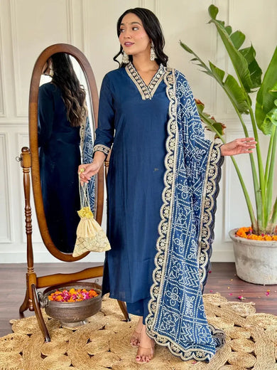 Attractive Blue Viscose Traditional Pant Suit With Bandhani Dupatta