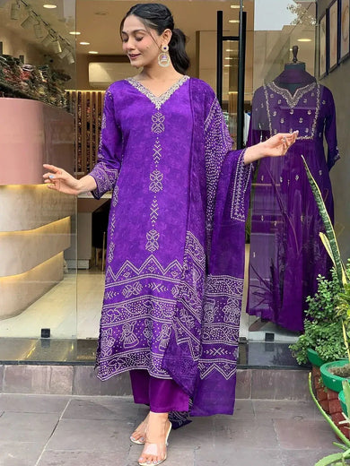Glamorous Purple Printed Crepe Festival Wear Pant Suit With Dupatta