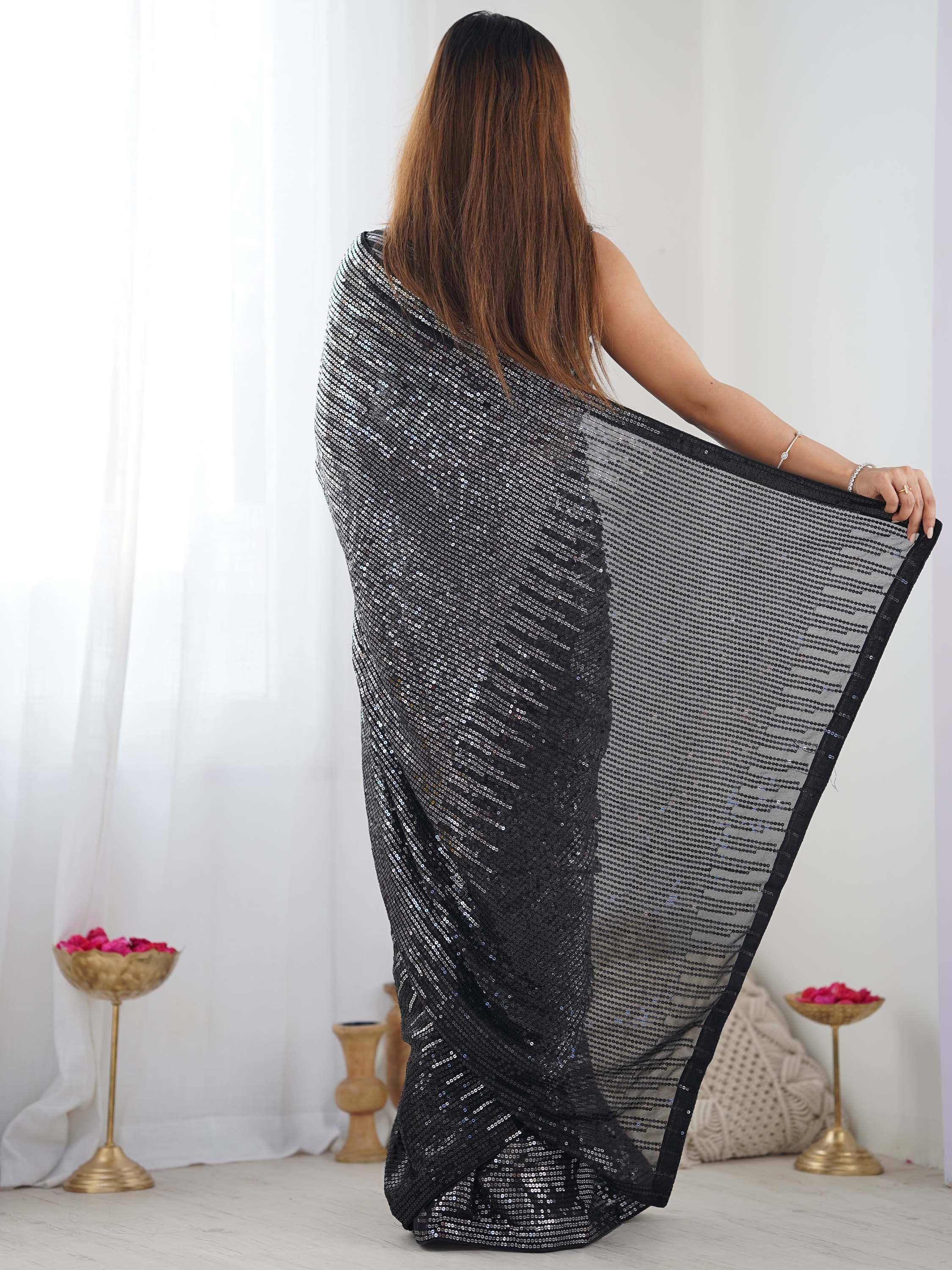 Black sequin saree with sheer pallu, elegant ethnic wear for women