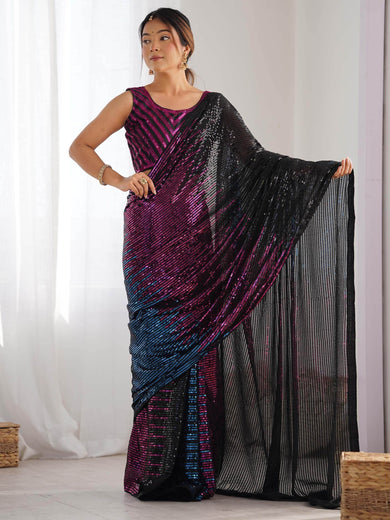 Alluring Black Sequins Georgette Cocktail Party Wear Saree With Blouse