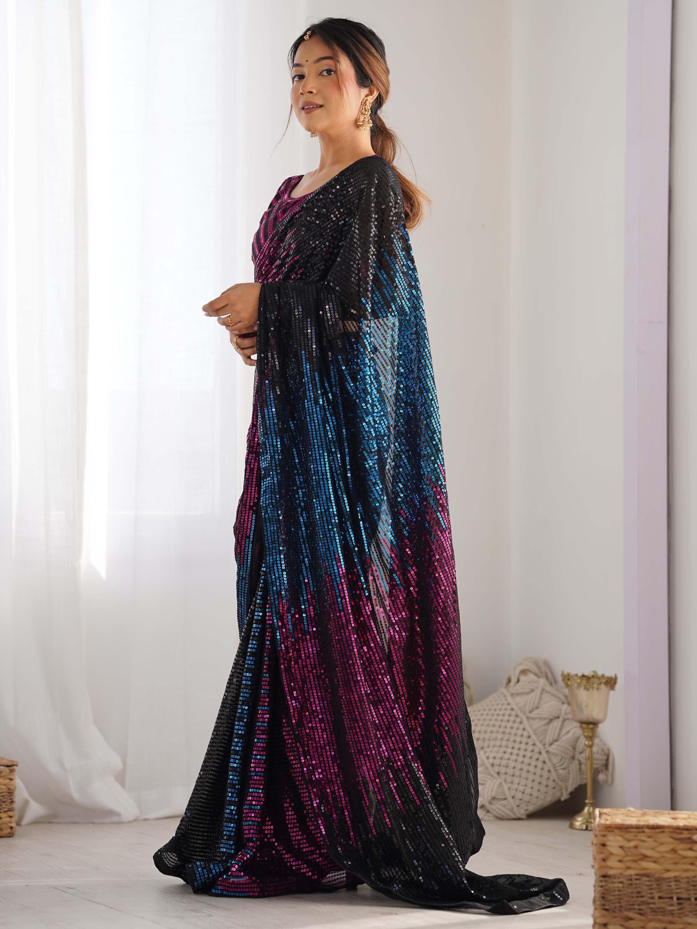 Alluring Black Sequins Georgette Cocktail Party Wear Saree With Blouse