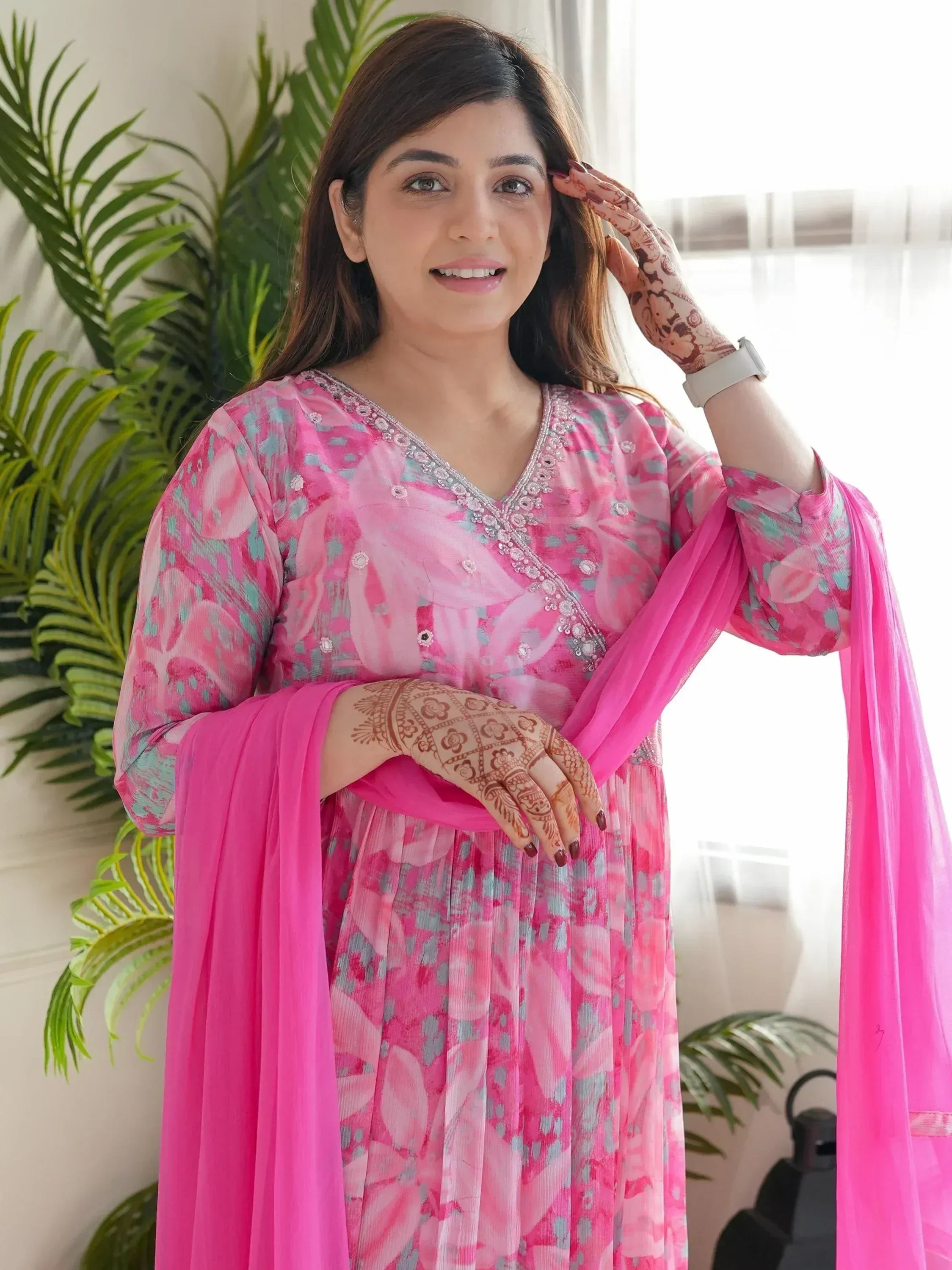 Pink floral ethnic gown with embroidery, perfect for Indian occasions and festivals