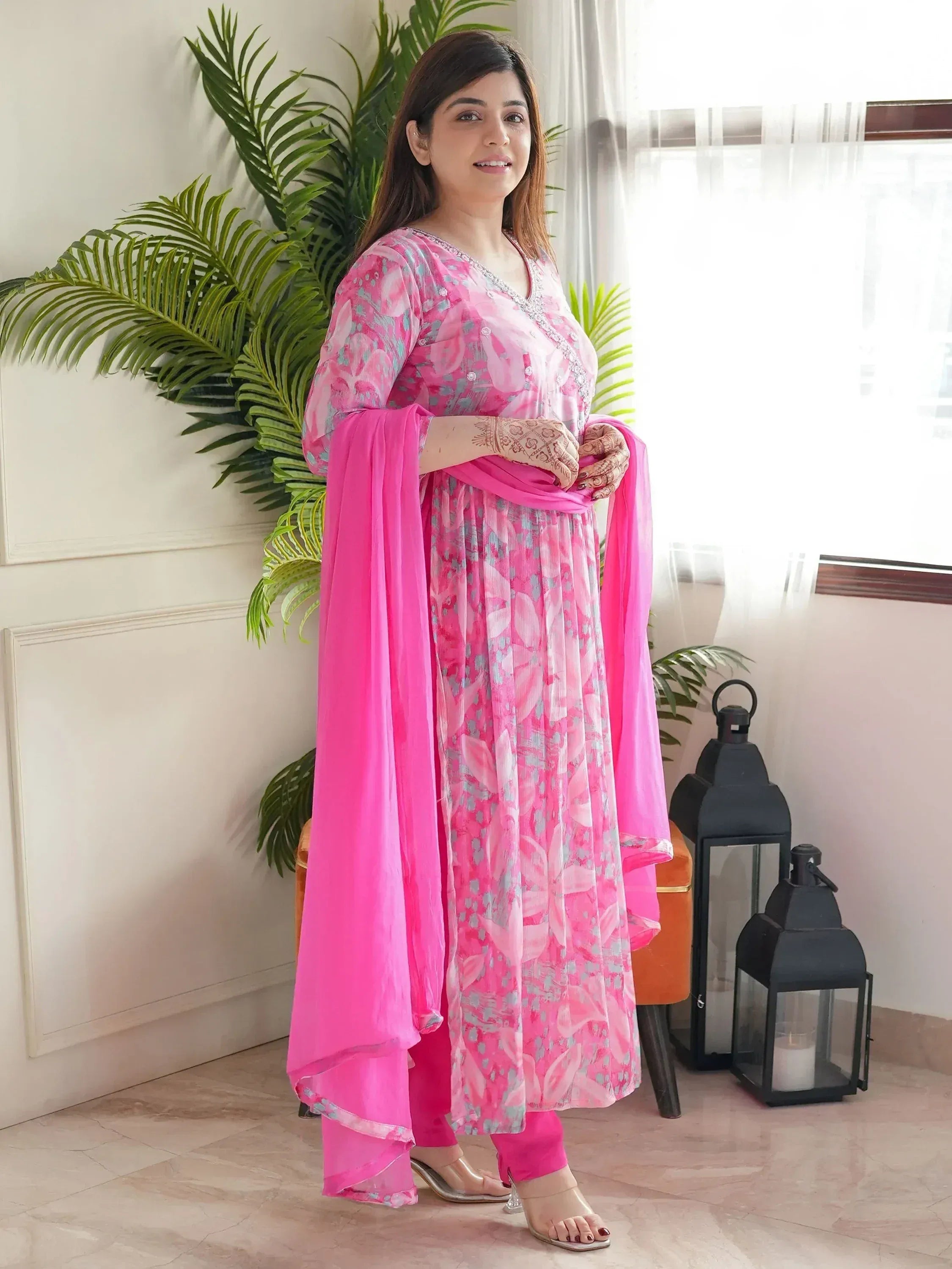 Pink floral printed salwar kameez with matching dupatta, perfect for Indian ethnic wear occasions