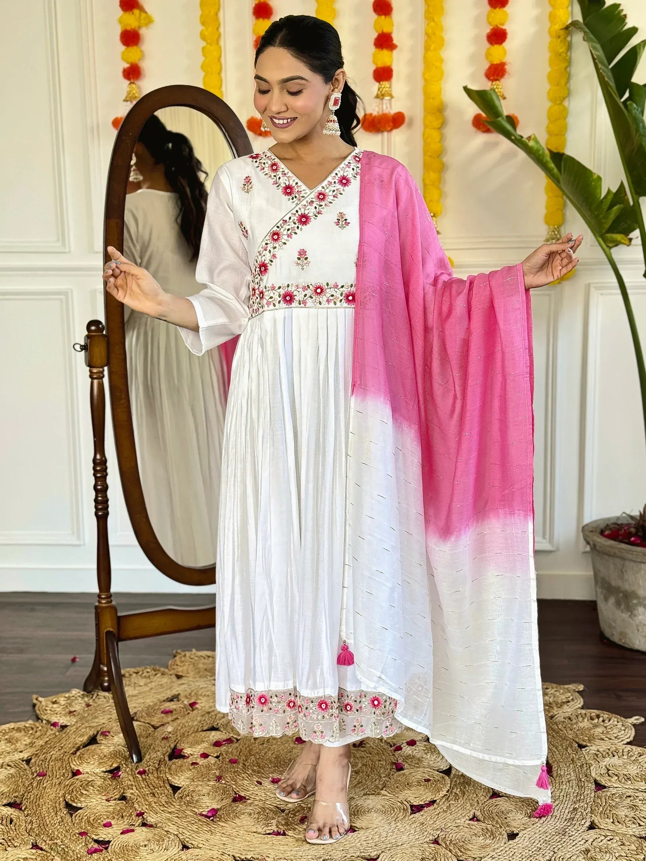 White embroidered kurta with pink ombre dupatta, ethnic Indian wear for women