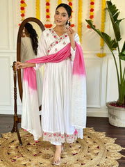 Mesmerizing Off-White Floral Embroidered Viscose Pant Suit