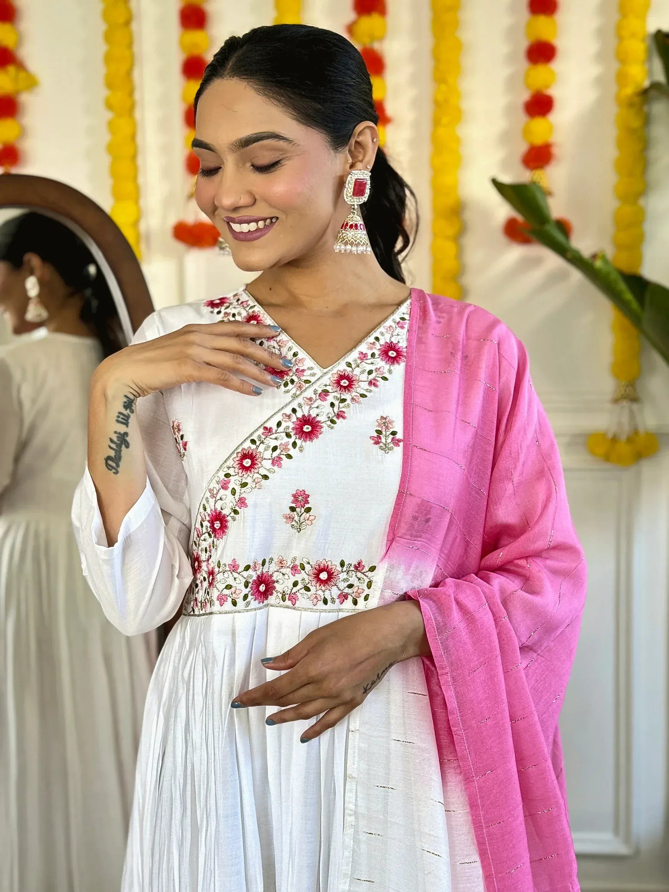 White floral embroidered kurta with pink dupatta, perfect for Indian ethnic wear occasions