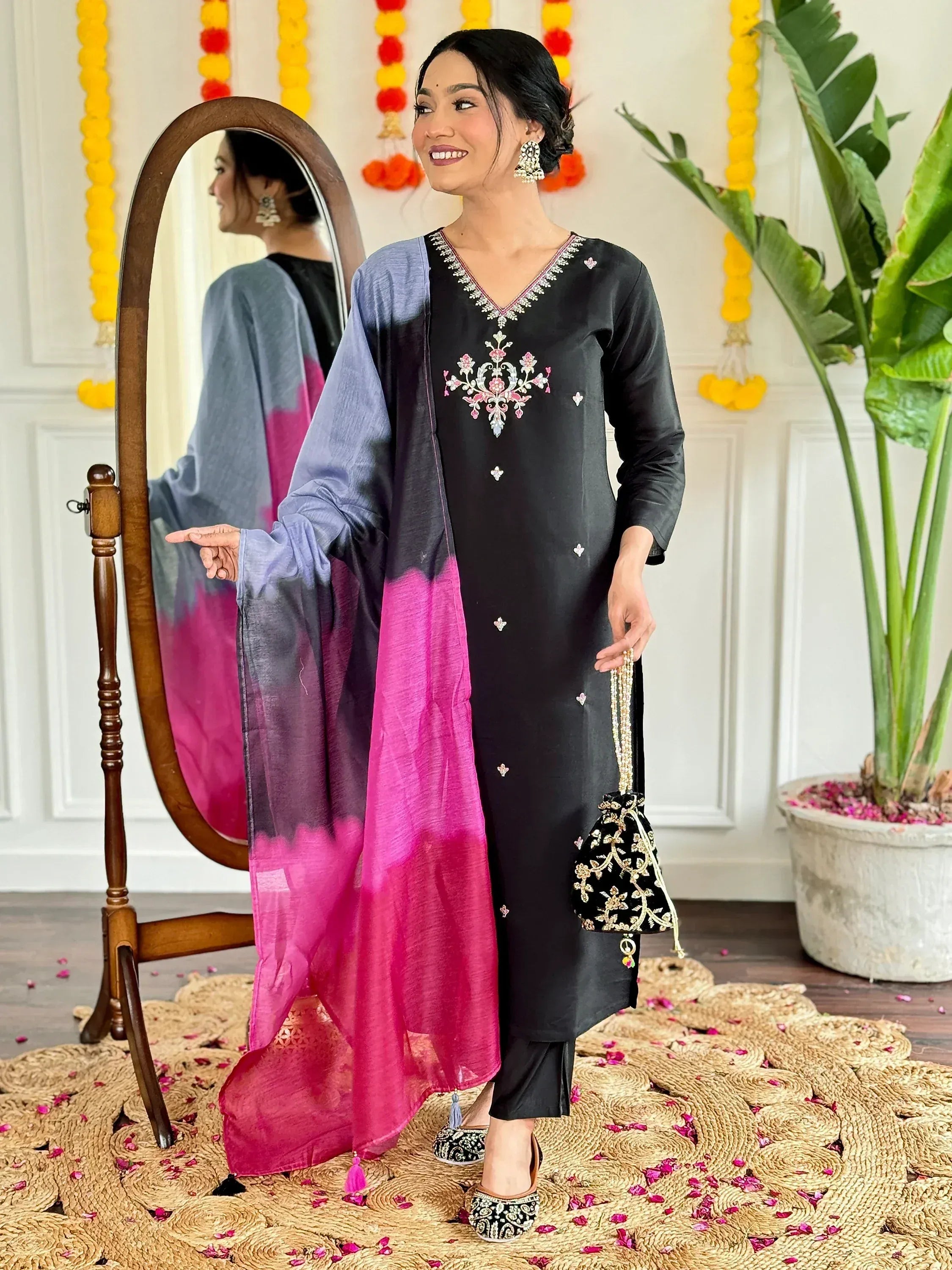 Black embroidered kurta with pink ombre dupatta, ethnic Indian wear for festive occasions