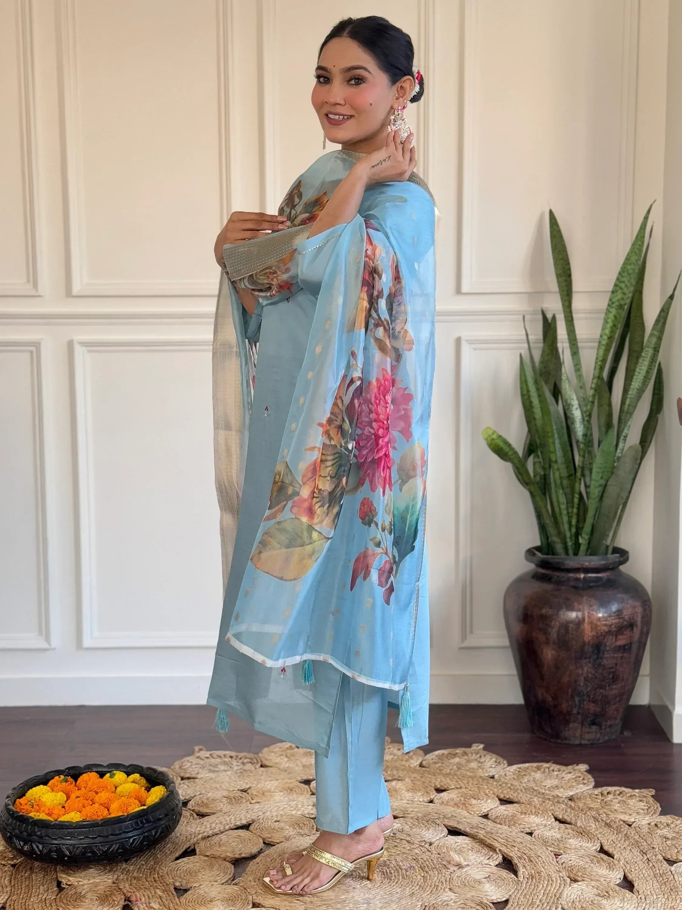 Light blue floral printed salwar kameez with elegant dupatta, perfect for ethnic occasions