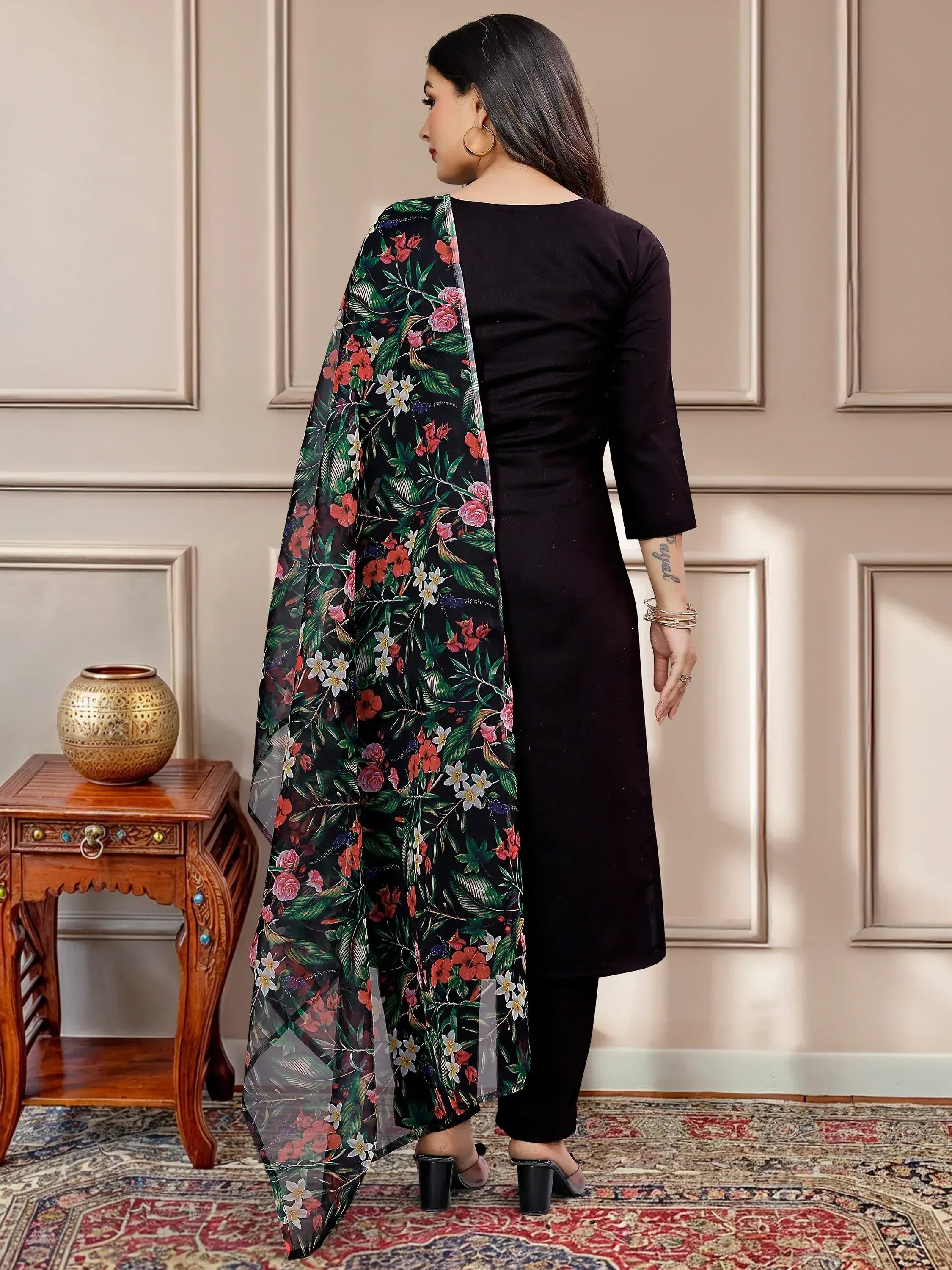 Black ethnic kurti with floral dupatta, stylish Indian wear for women