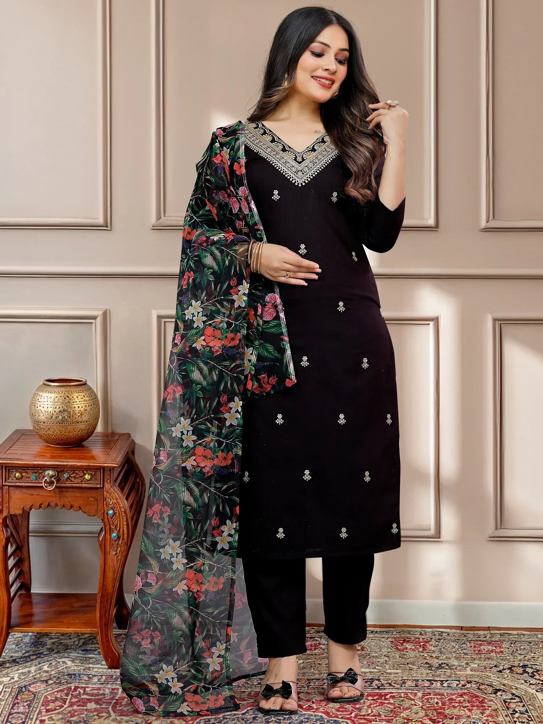 Black embroidered kurta with floral dupatta, ethnic wear for women