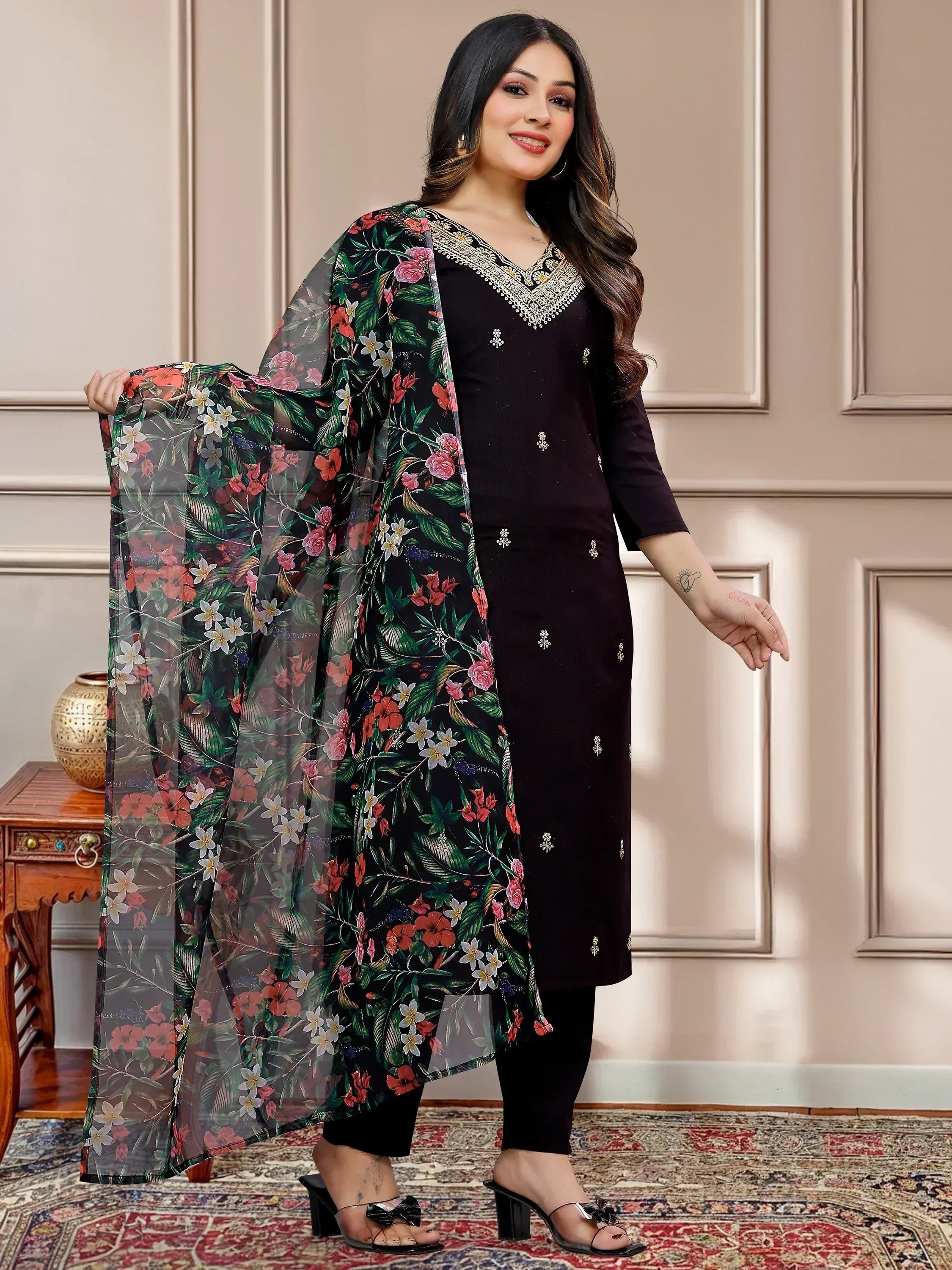 Black embroidered kurti with floral dupatta, ethnic wear for women