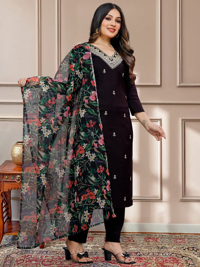 Glamorous Black Embroidered Cotton Pant Suit With Dupatta