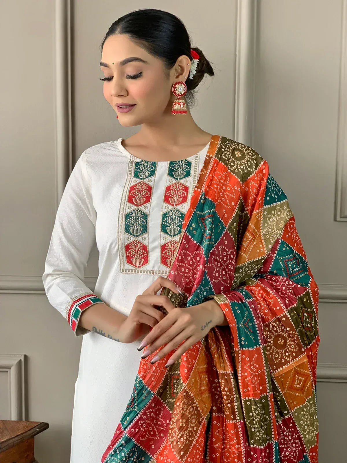 White embroidered kurta with colorful patchwork dupatta, Indian ethnic wear